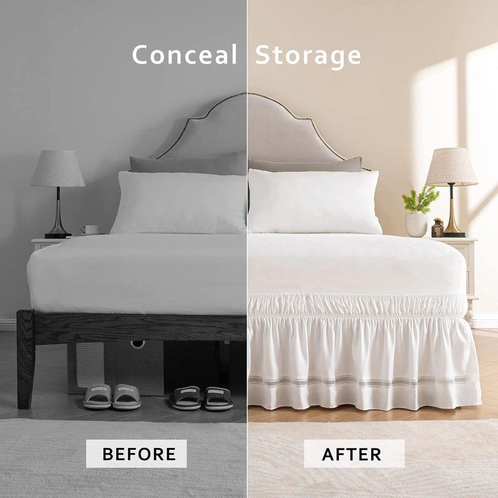 Embroidered Crochet Lace Bed Skirt with Adjustable Belts 15 Inch Drop for Elegant Bedroom Decor