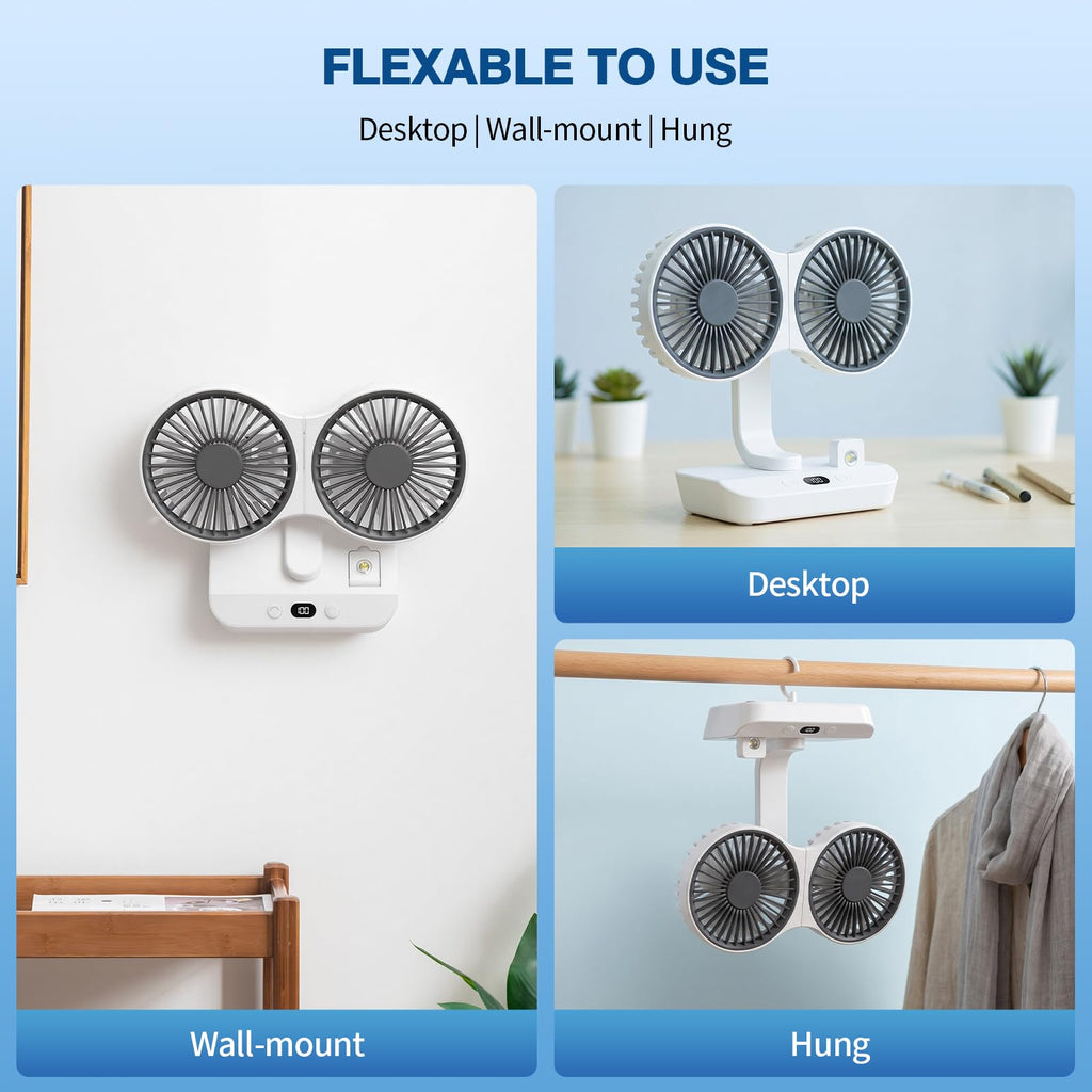Double Head Rechargeable Table Fan with 4 Speed Settings, 8000mAh Battery and Digital Display for Home and Office