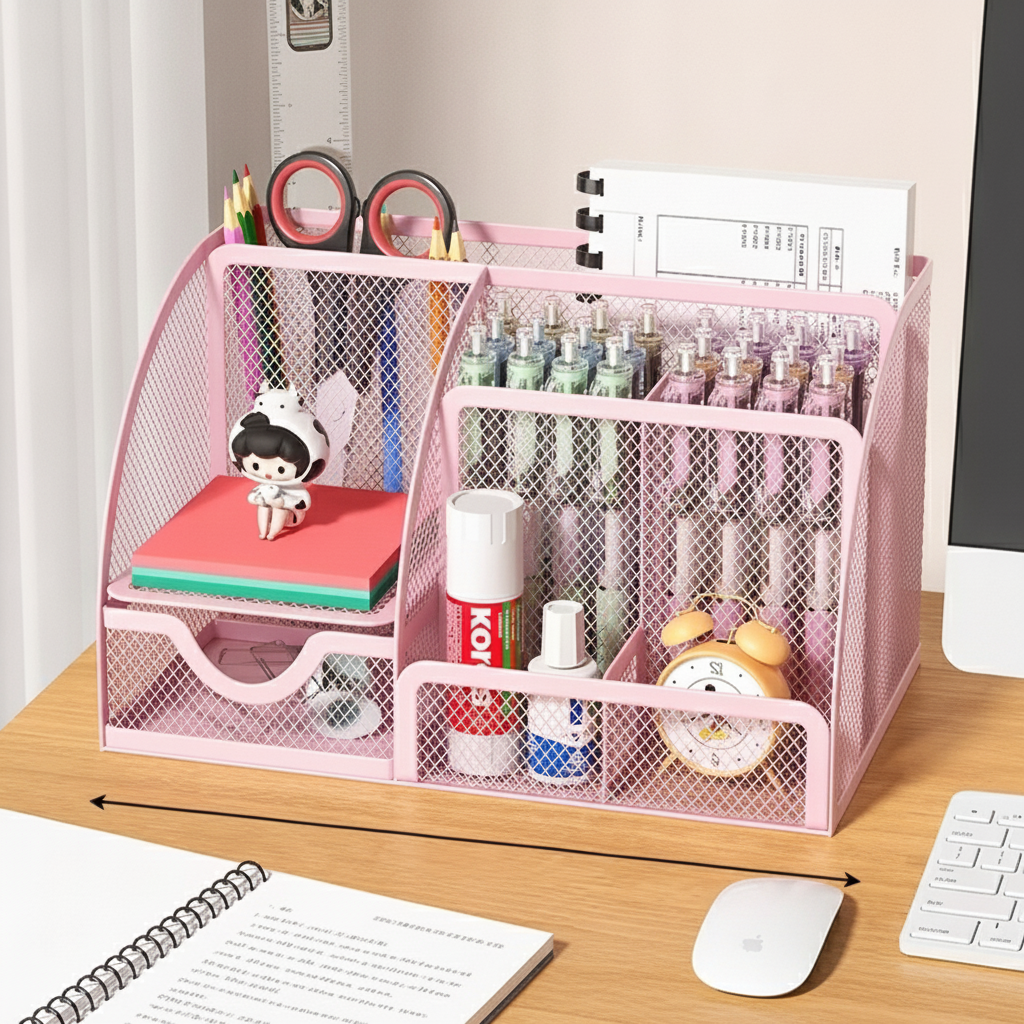 Metal Stationery Holder with 7 Compartments and Drawer for Office Supplies and Desktop Storage