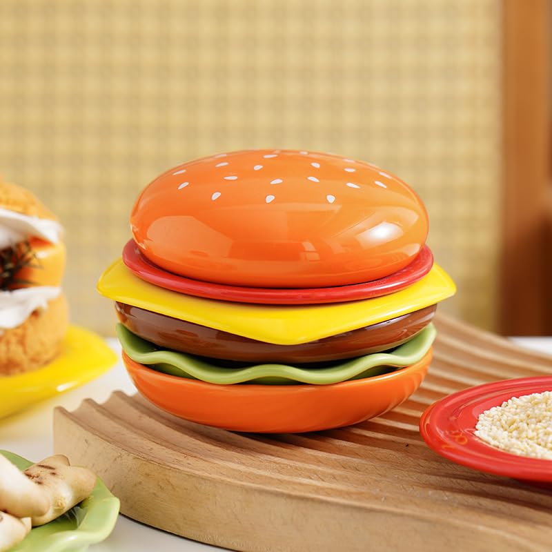 6-Pack Stackable Hamburger Plate Set with Multi Layer Ceramic Design for Dining and Table Decor