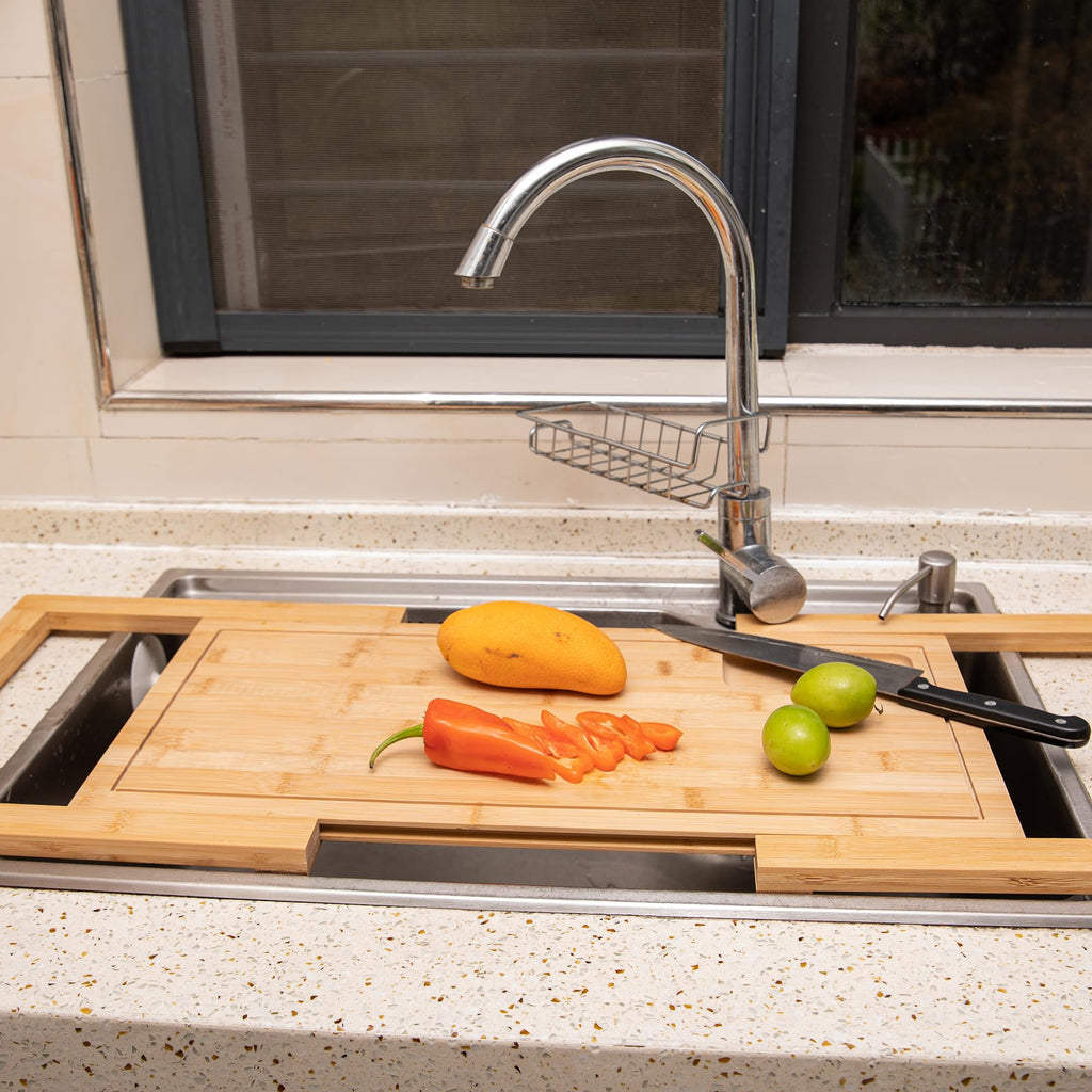 Expandable Bamboo Cutting Board with Juice Groove for Over-Sink Food Preparation and Extra Counter Space