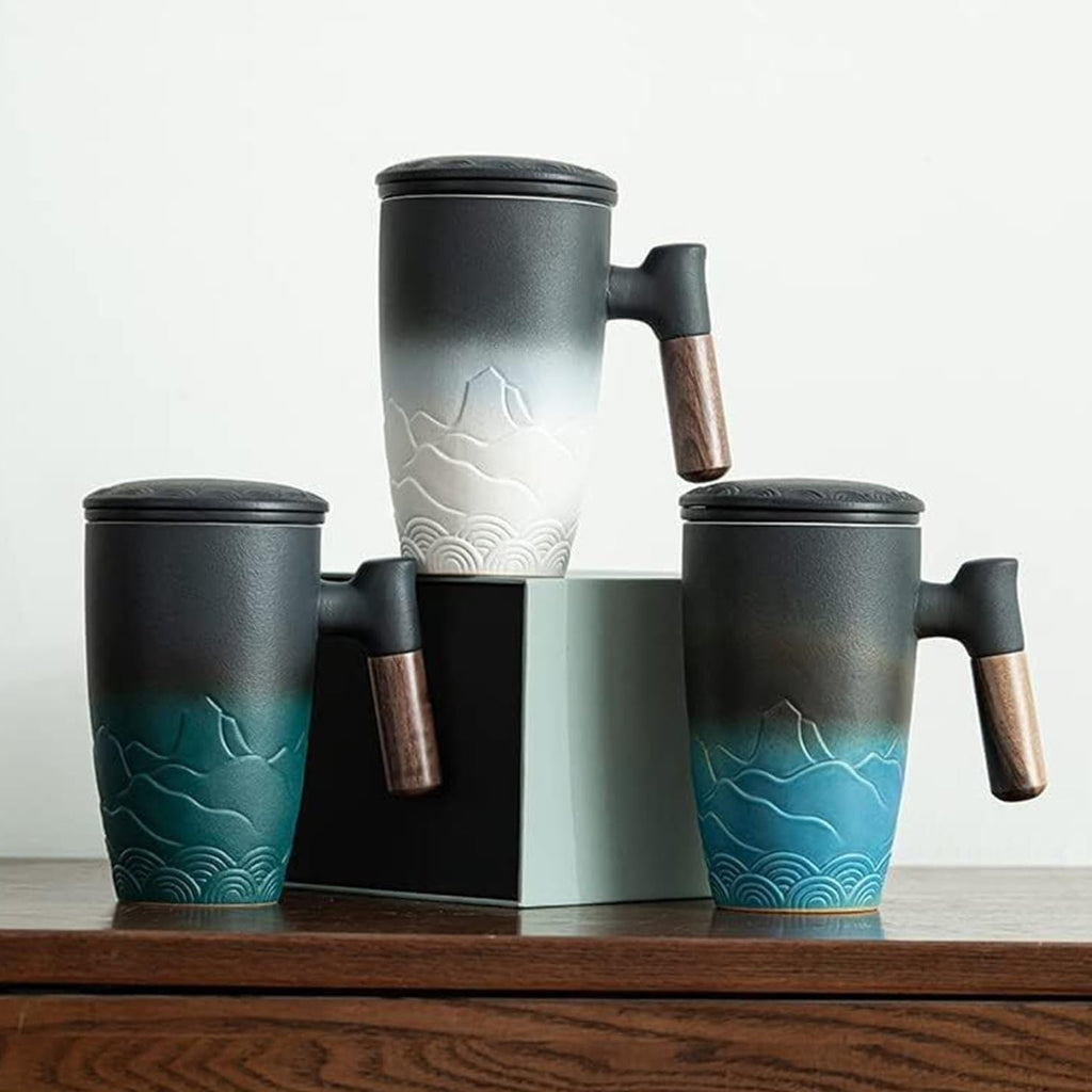 Ceramic Mug with Cover and Wooden Handle for Tea, Coffee, or Hot Beverages in Home and Office Use
