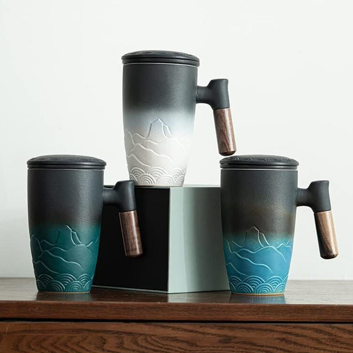 Ceramic Mug with Cover and Wooden Handle for Tea, Coffee, or Hot Beverages in Home and Office Use