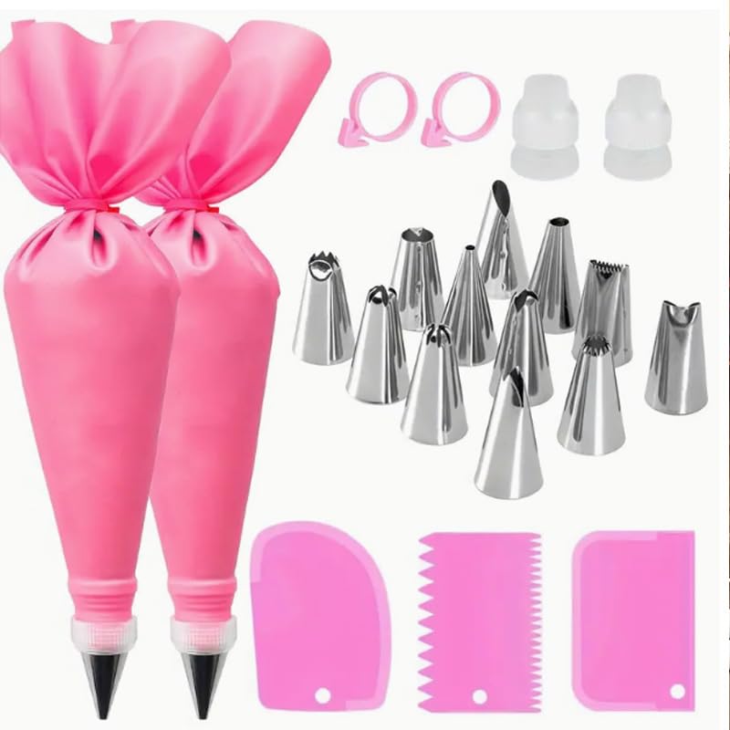 21-Piece Set Cake Decorating Kit with Stainless Steel Piping Tips and Reusable Pastry Bags for Baking and Cupcake Design