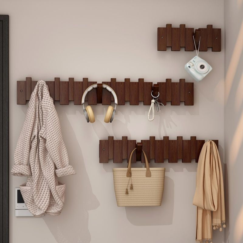 4/ 6 Hooks Wall Mounted Piano Hook Rack with Foldable Wooden Hooks for Entryway and Home Organization