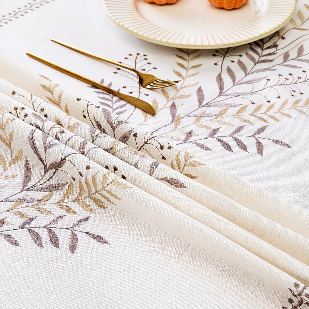 Linen Style Embroidered Tablecloth Waterproof Wrinkle Resistant Rectangle Cover for Dining Room and Outdoor Use