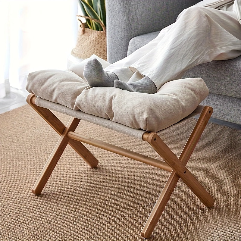 Solid Wood Folding Footstool with Cotton Cushion for Entryway, Shoe Changing, or Sofa Rest