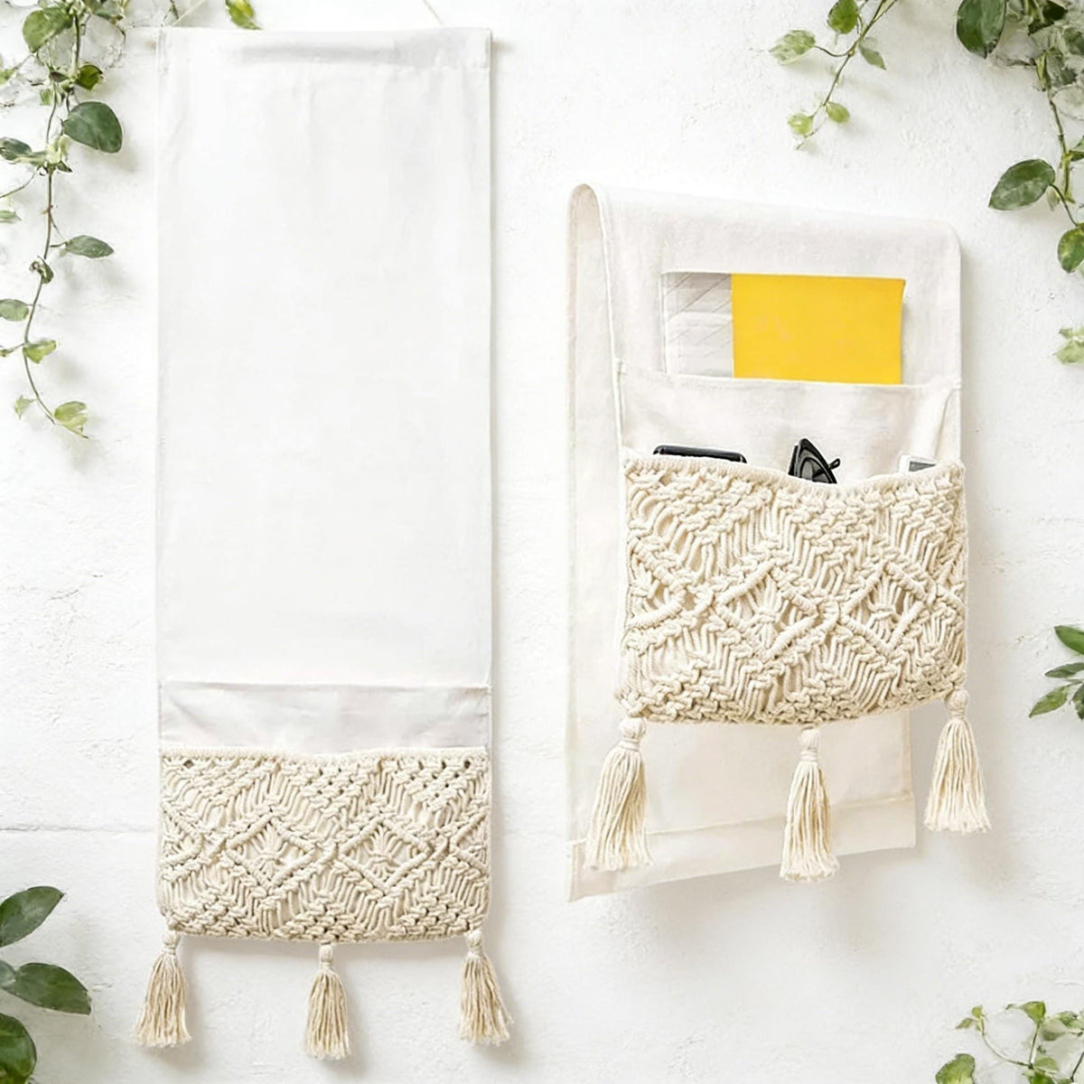 Boho Armrest Organizer with Handmade Hanging Pocket Design for Sofas Beds Remotes and Magazines