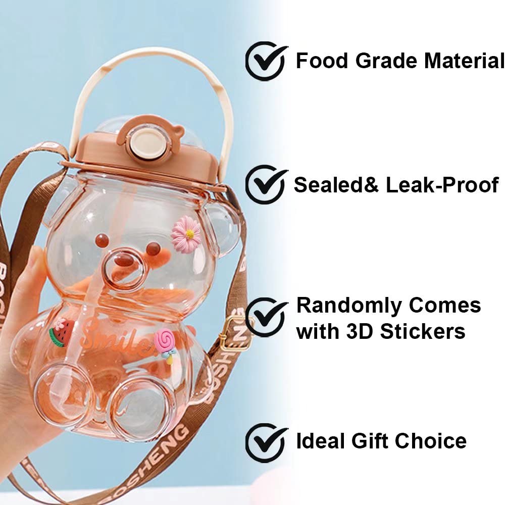 1000ml Cute Bear Water Bottle with 2 in 1 Straw Lid and Leakproof Design for School, Sports and Everyday Hydration