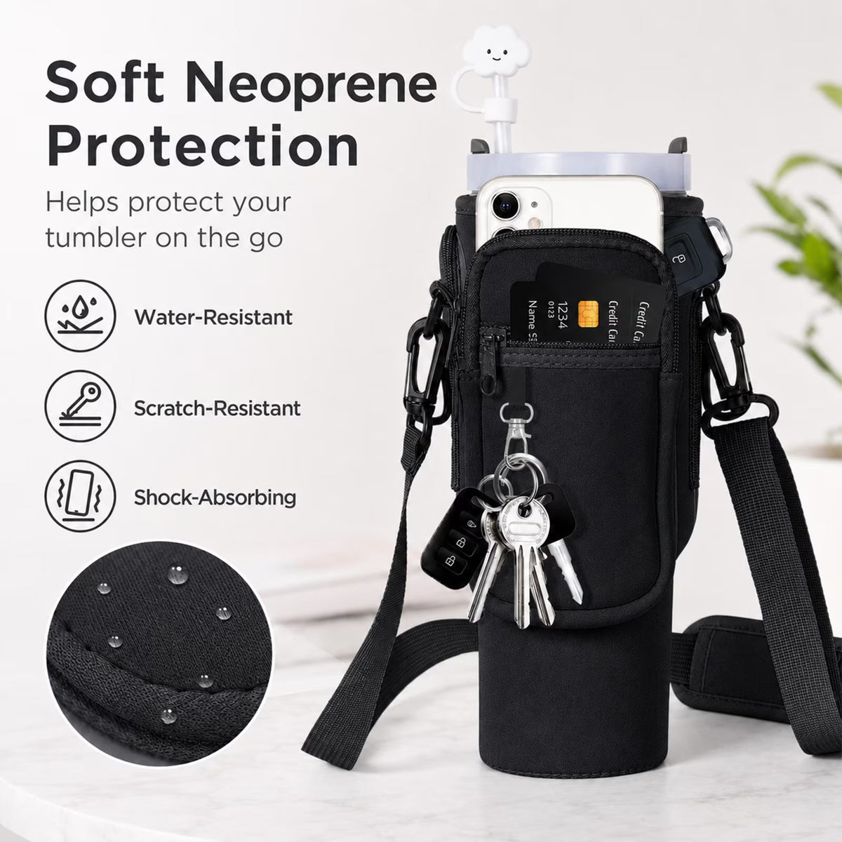 Water Bottle Carrier Bag with Adjustable Strap and Phone Pocket for 40oz Handled Tumblers