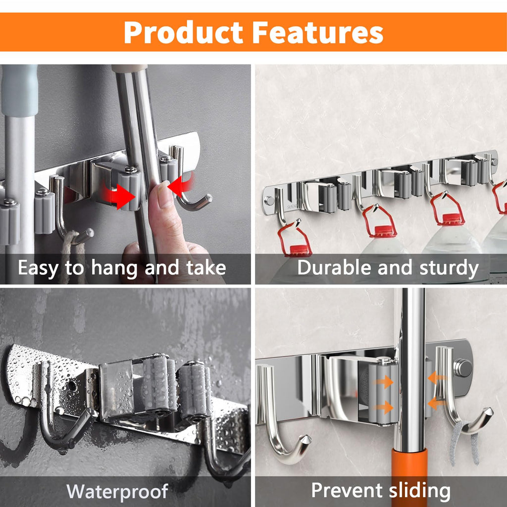 Stainless Steel Mop and Broom Holder Wall Mounted Organizer for Bathroom Kitchen and Cleaning Tool Storage (3 Clips + 4 Hooks Design)