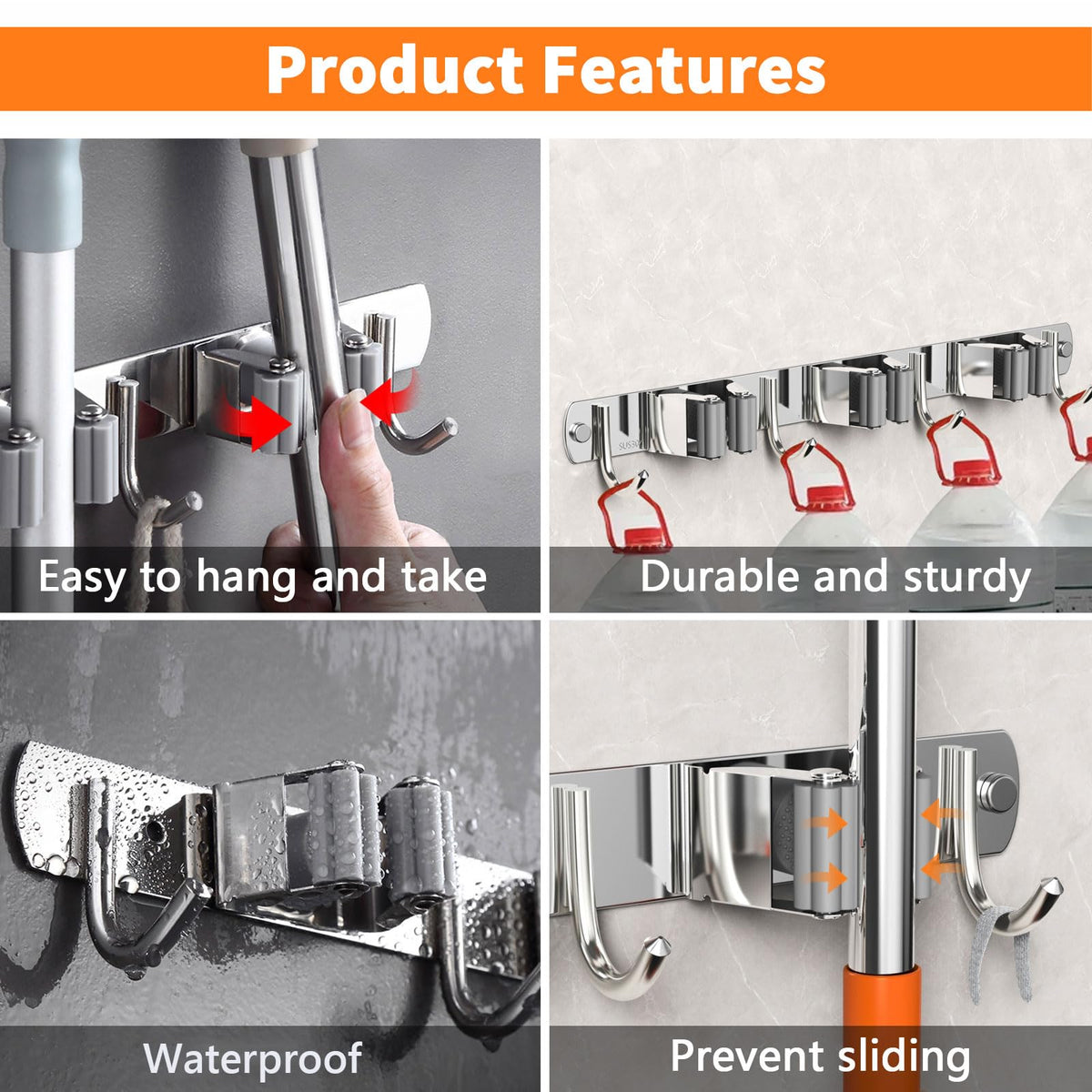 Stainless Steel Mop and Broom Holder Wall Mounted Organizer for Bathroom Kitchen and Cleaning Tool Storage (3 Clips + 4 Hooks Design)