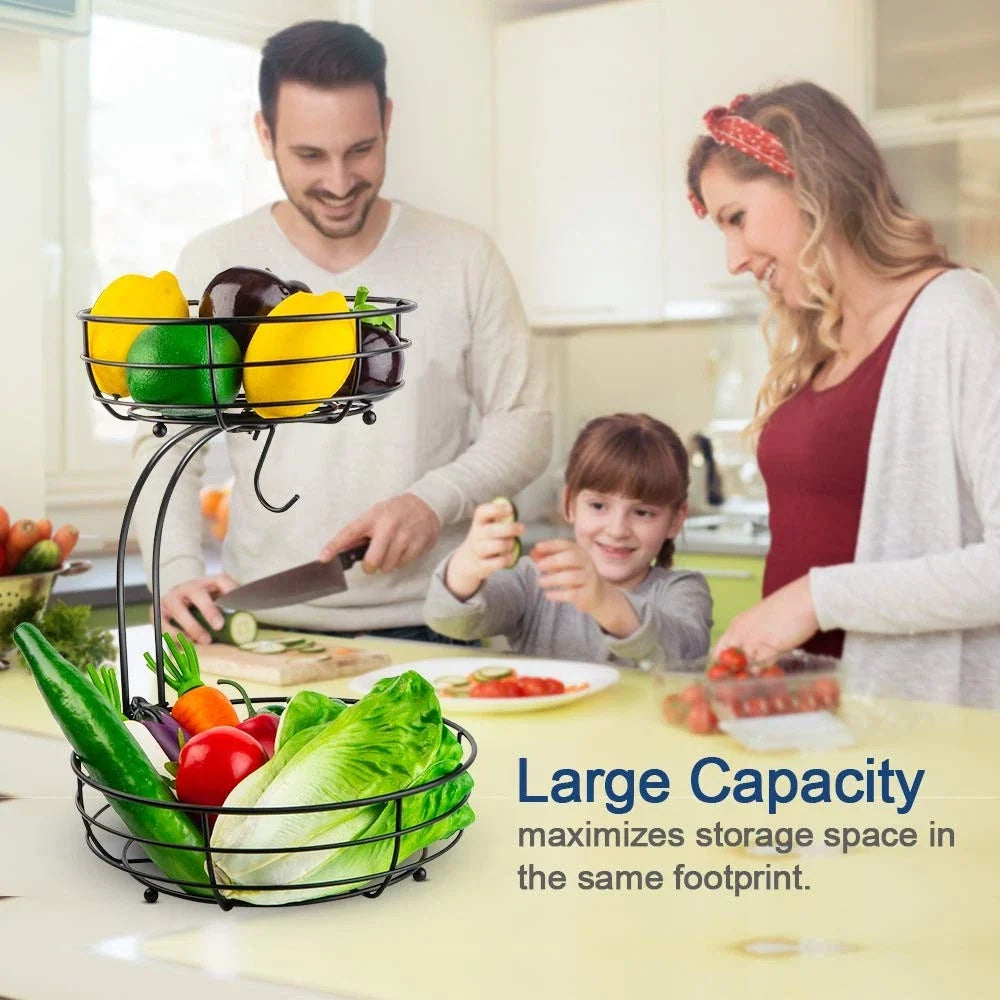 Metal Fruit Basket Stand with Two Tiers and Banana Hanger for Kitchen Countertop Storage