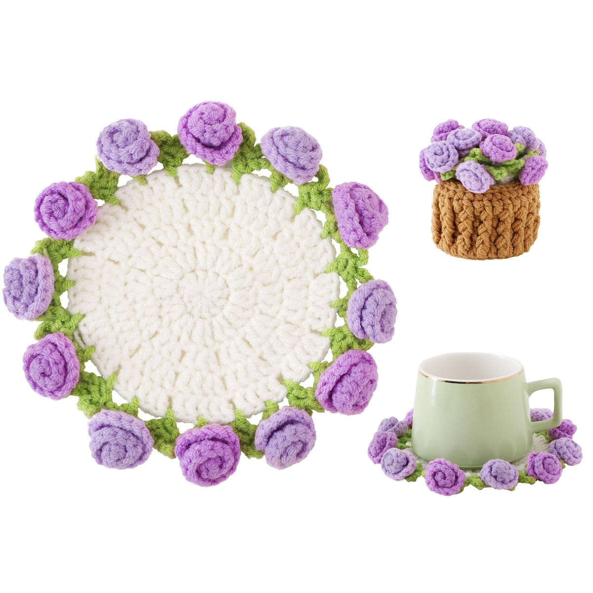 Rose Crochet Coasters with Plant Pot Holder for Coffee Table and Home Office Decor with Size 4.7×4.7×1.2" (12×12×3cm)