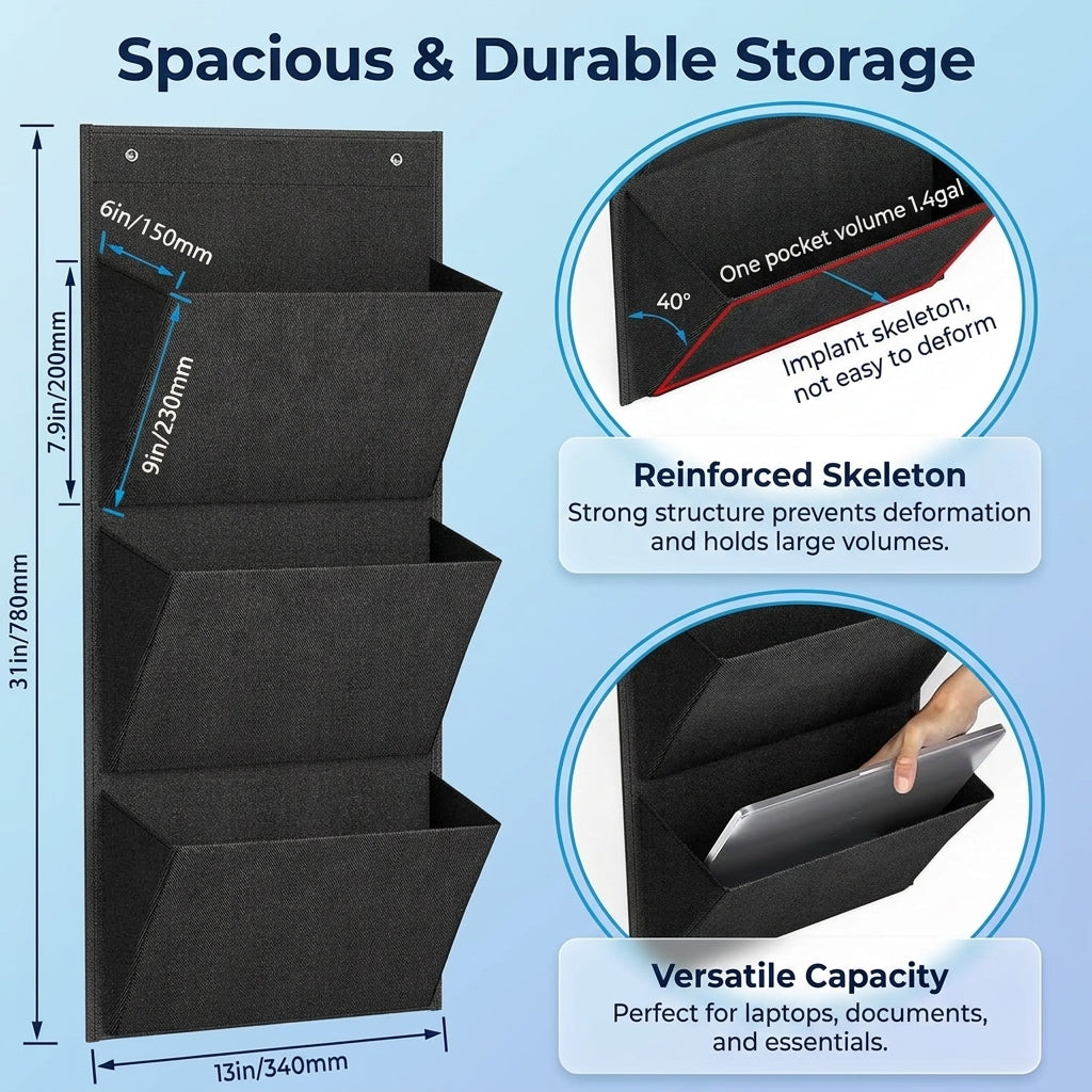 Over the Door Hanging File Organizer with 4 Pockets for Office Documents, Papers, and Storage Organization