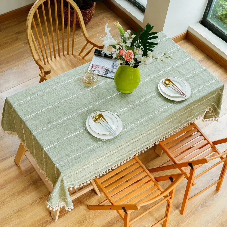 Farmhouse Style Linen Tablecloth with Hemstitched Edges for Rectangle Dining Tables