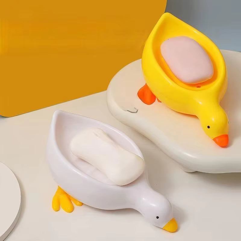 White Duck-Shaped Draining Soap Holder Made of Plastic, Non-Slip Design for Kitchen and Bathroom Countertops