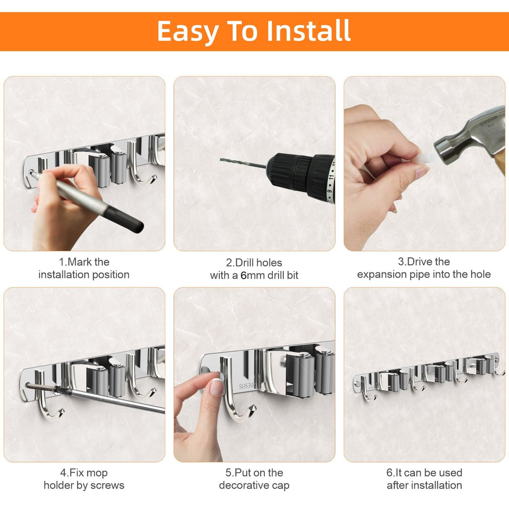 Stainless Steel Mop and Broom Holder Wall Mounted Organizer for Bathroom Kitchen and Cleaning Tool Storage (3 Clips + 4 Hooks Design)
