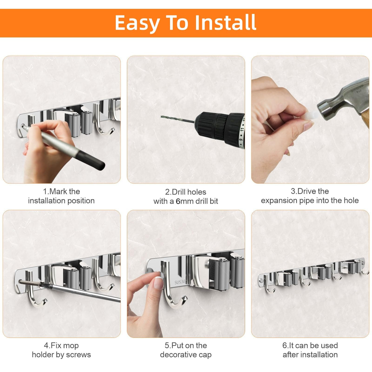 Stainless Steel Mop and Broom Holder Wall Mounted Organizer for Bathroom Kitchen and Cleaning Tool Storage (3 Clips + 4 Hooks Design)