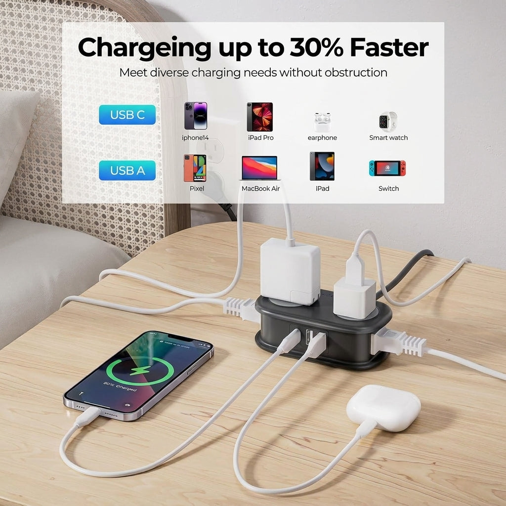 Compact Travel Power Strip with USB C Charging and Four Outlet Design for Cruise and Daily Travel Use