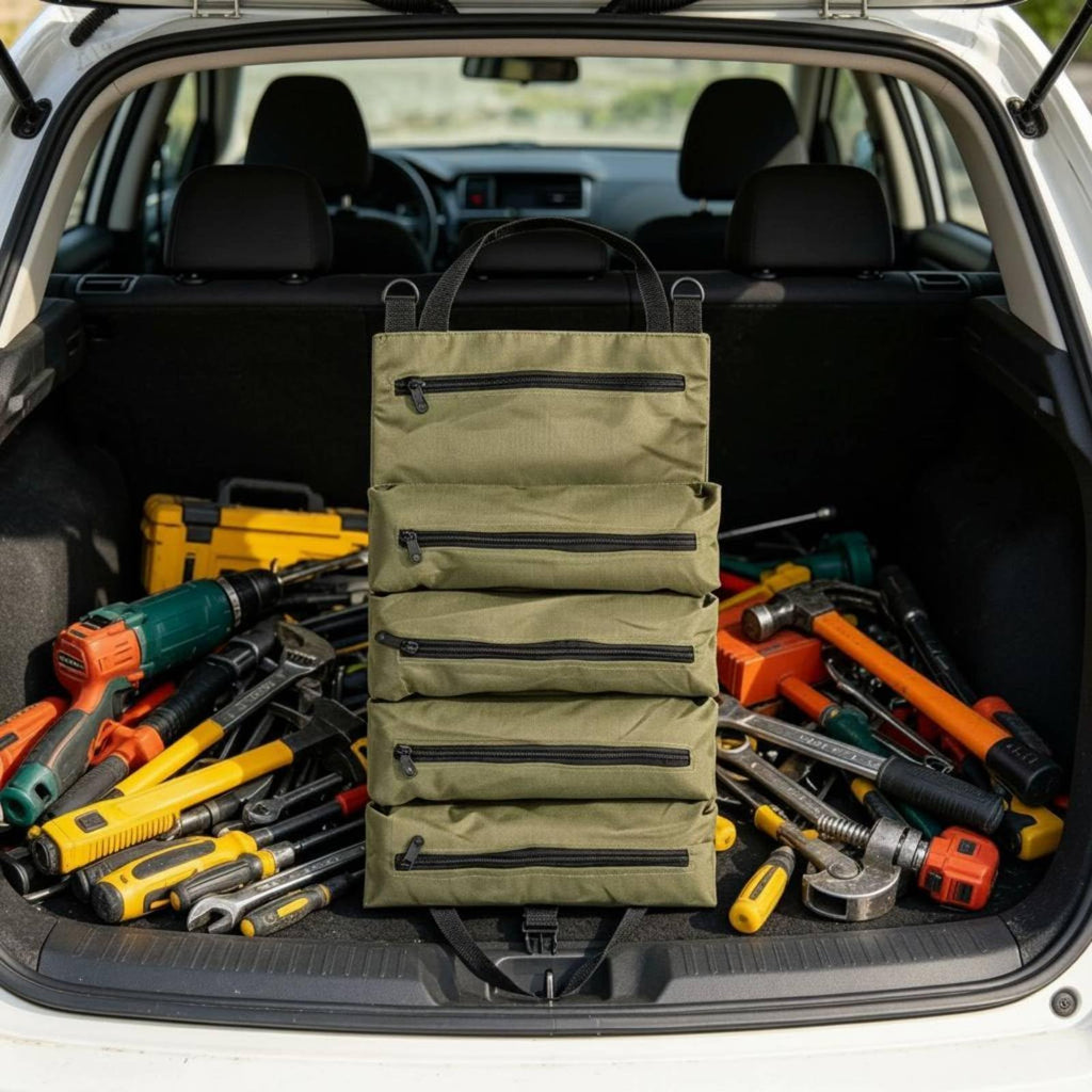 Canvas Tool Roll Organizer with Multi Compartment Foldable Design for Tools Car Kits and Storage