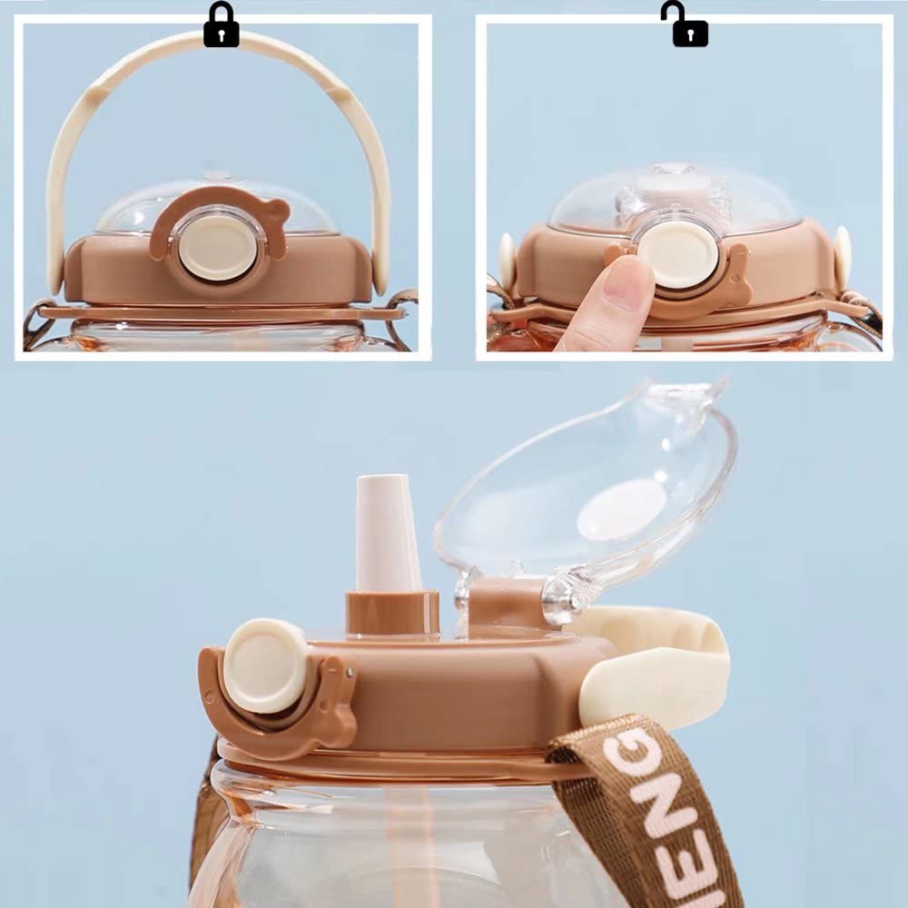 1000ml Cute Bear Water Bottle with 2 in 1 Straw Lid and Leakproof Design for School, Sports and Everyday Hydration