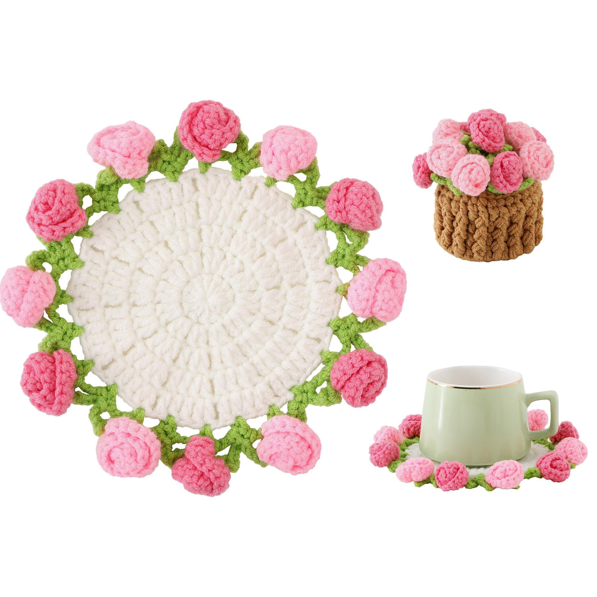 Rose Crochet Coasters with Plant Pot Holder for Coffee Table and Home Office Decor with Size 4.7×4.7×1.2" (12×12×3cm)