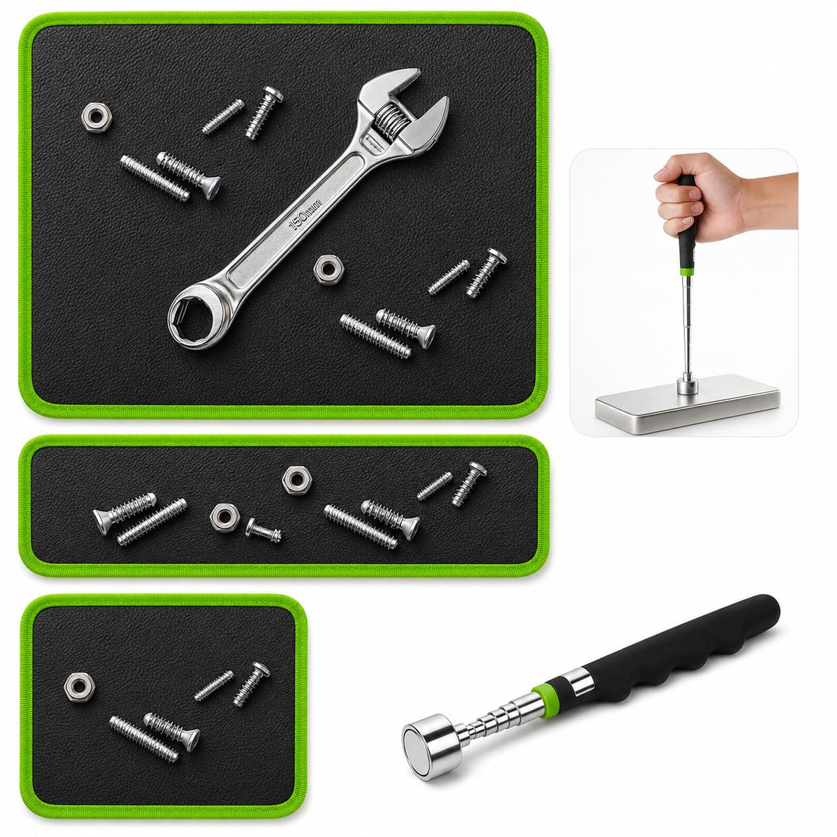 Magnetic Tool Mat Set with Parts Mat and Telescoping Pickup Tool for Mechanics Repairs and Small Hardware