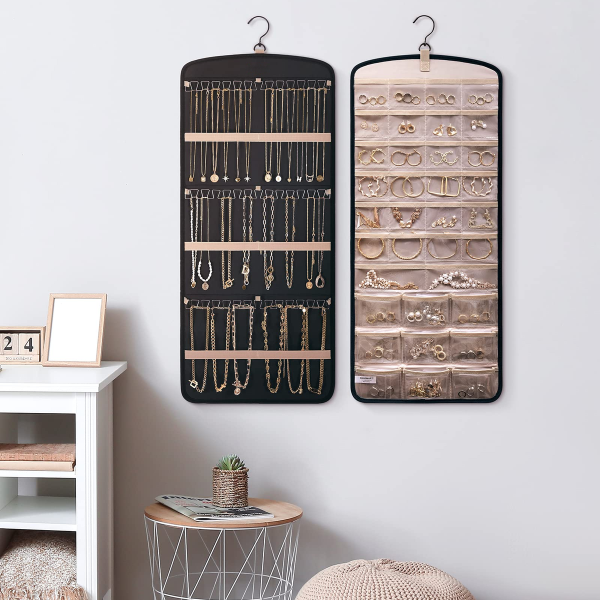Double Sided Hanging Jewelry Organizer Roll with Metal Hooks for Earrings Necklaces Rings Storage