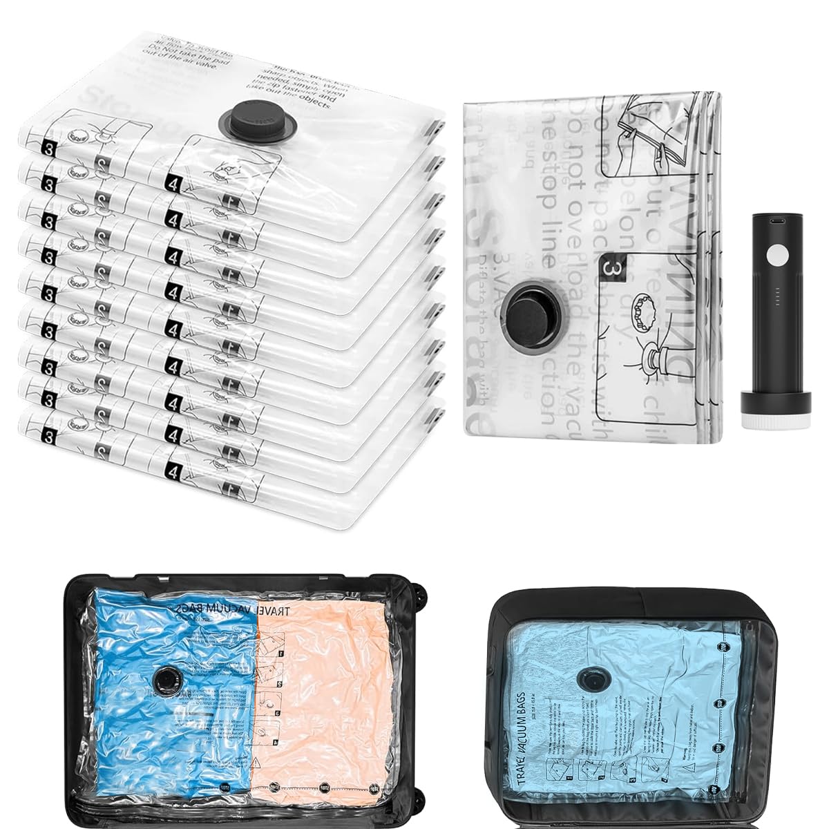 Vacuum Storage Bags with USB Electric Pump and Double Zipper Seal for Travel Compression (Included 8 Vacuum Storage bags + 1 Electric pump)