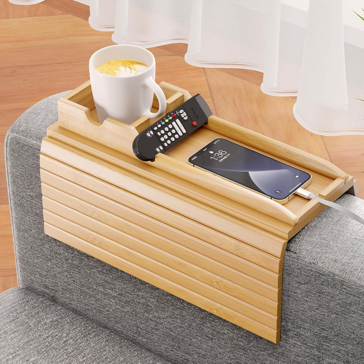 Foldable Bamboo Sofa Armrest Tray with Cup Holder and Anti Slip Couch Side Storage