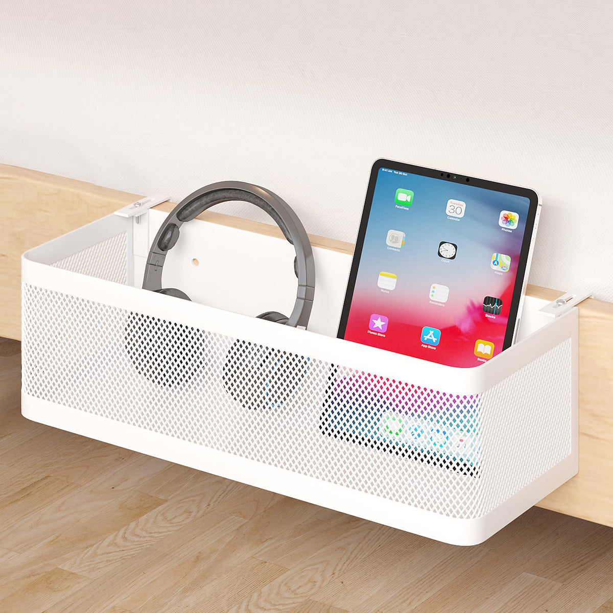 Metal Bedside Hanging Basket Organizer with Hooks for Dorm Rooms, Bunk Beds, and Small Space Storage