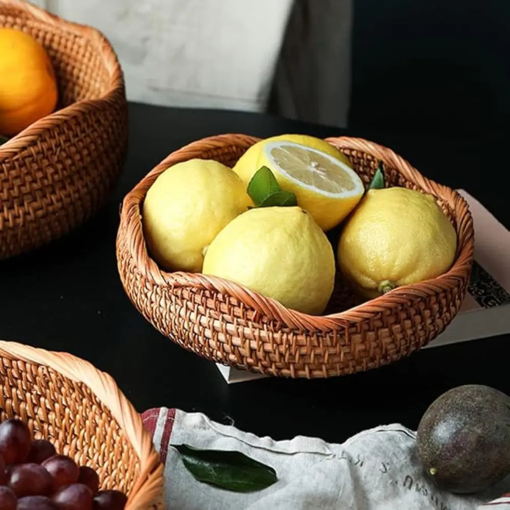 Handwoven Rattan Storage Basket Set of 3 Round Wicker Serving Trays for Kitchen and Countertop