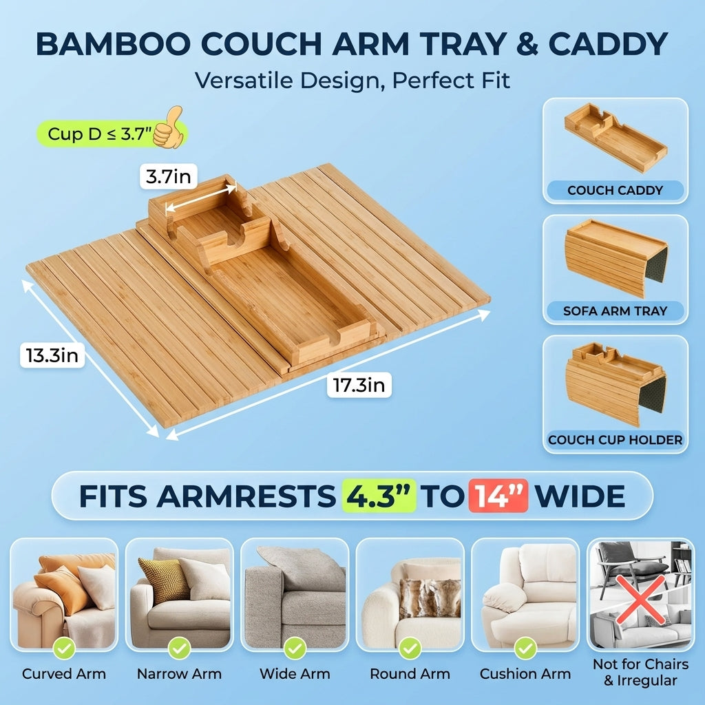 Foldable Bamboo Sofa Armrest Tray with Cup Holder and Anti Slip Couch Side Storage
