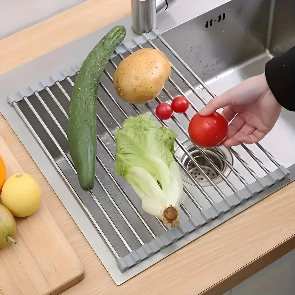 Over The Sink Roll Up Dish Drying Rack Stainless Steel Foldable Drainer 18x9 Inch