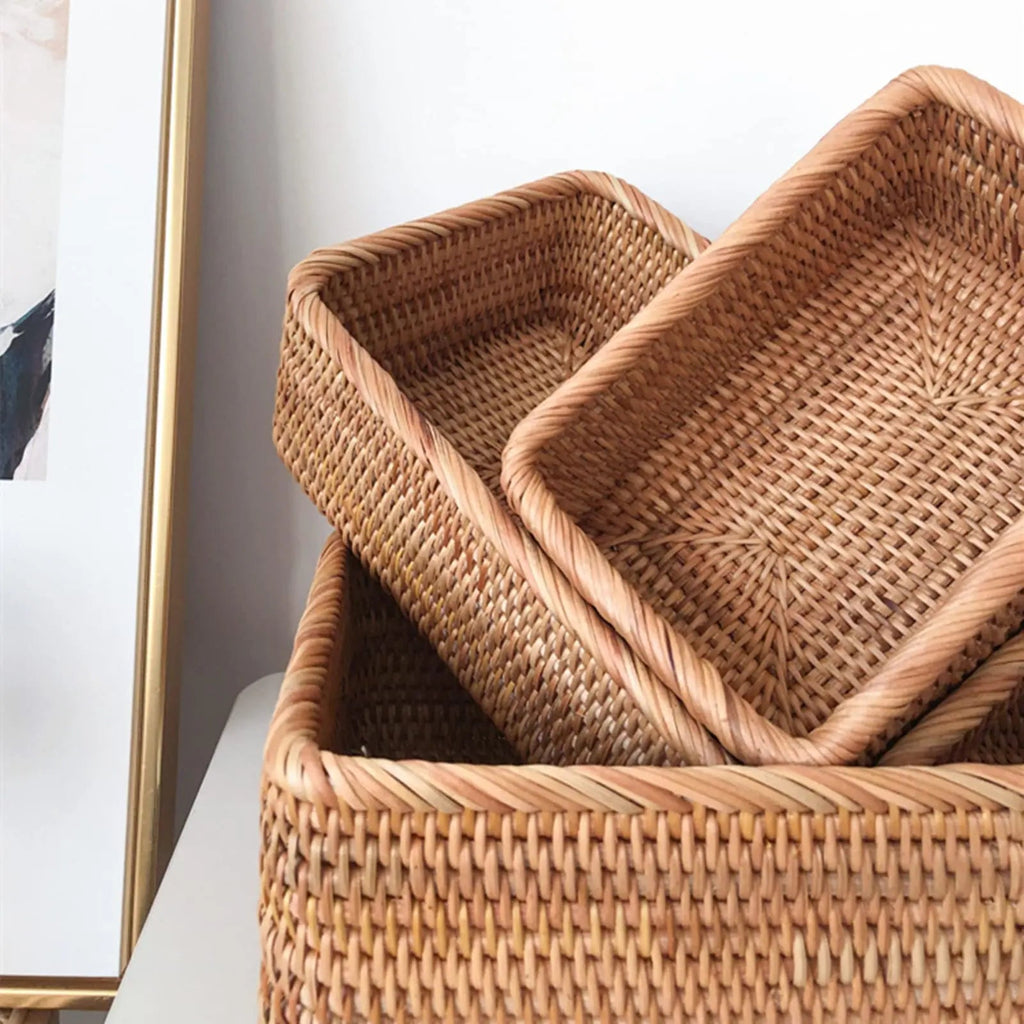 Handwoven Rattan Storage Basket Set of 3 Round Wicker Serving Trays for Kitchen and Countertop
