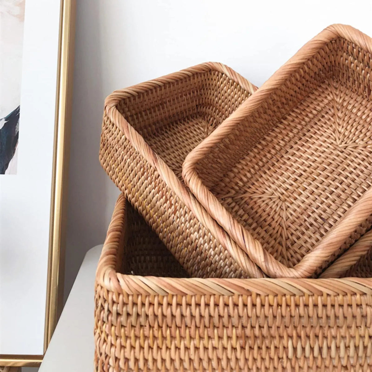 Handwoven Rattan Storage Basket Set of 3 Round Wicker Serving Trays for Kitchen and Countertop