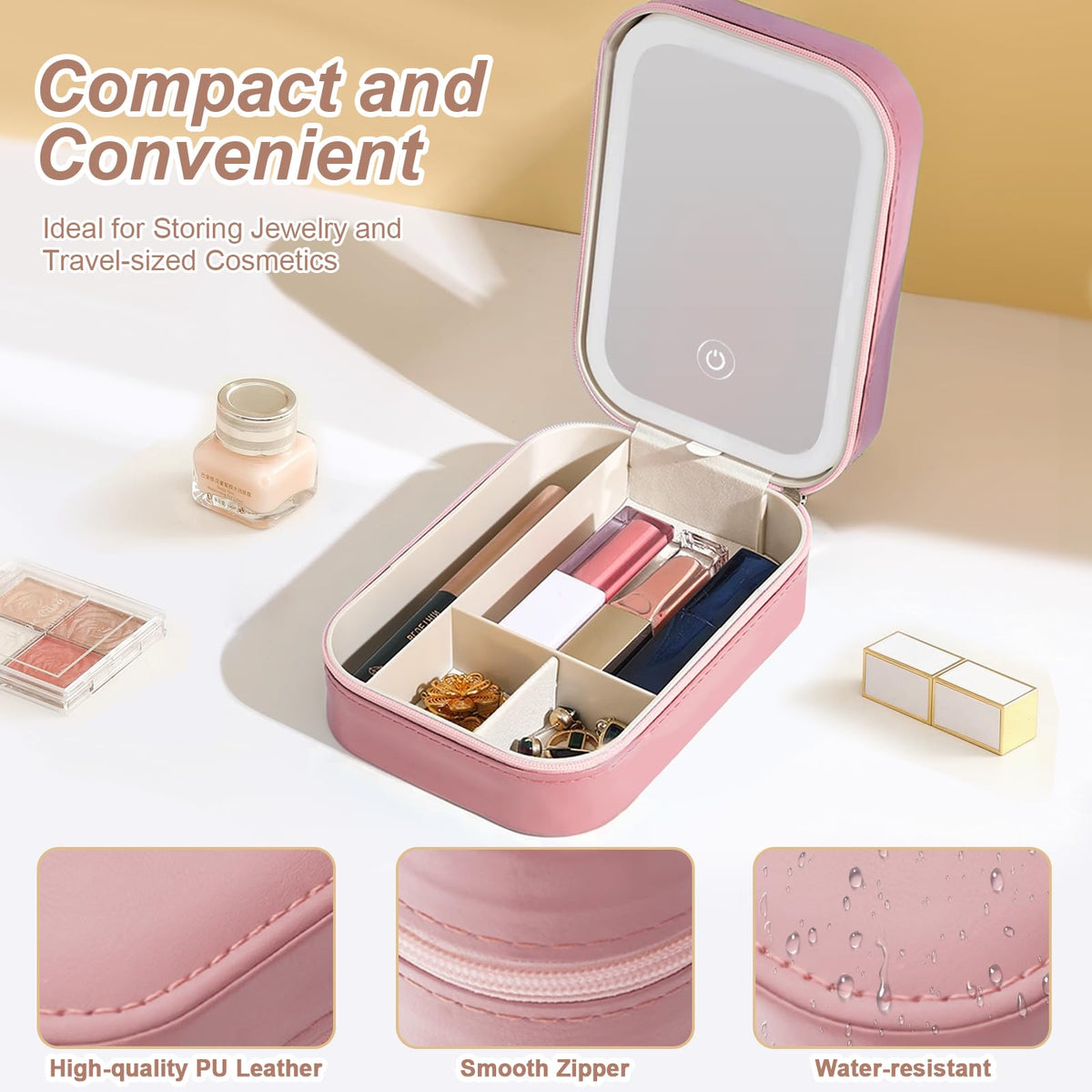 LED Makeup Case with Portable Mirror and Large Capacity Storage for Travel Beauty Organization (7×5×2" /16.5×11.5×6cm)