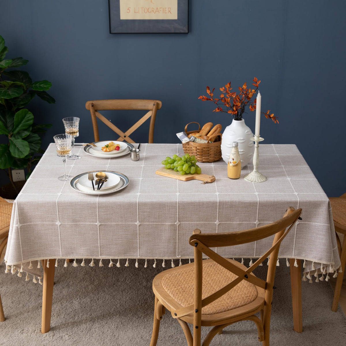 Square Tablecloth Cotton Linen Waterproof Farmhouse Cover with Tassel Edges for Kitchen and Dining Tables