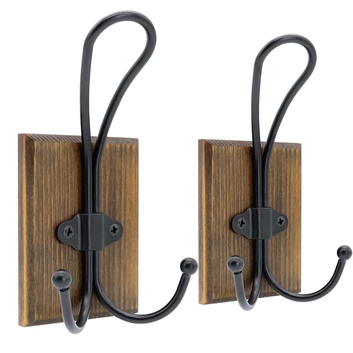 2 Pcs Wooden Pine Hook Rack with Self Adhesive Metal Hooks for Bathroom and Entryway Storage