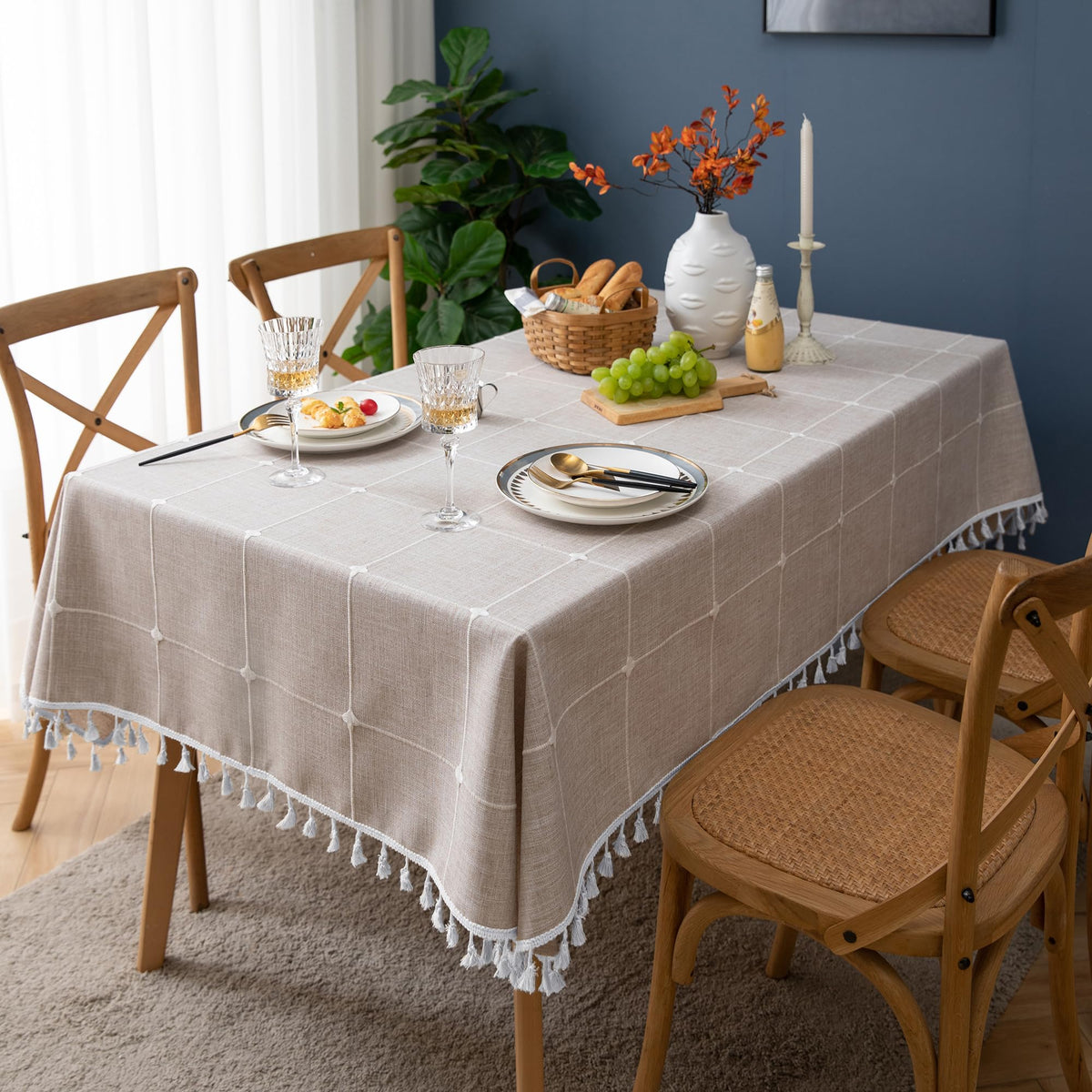 Square Tablecloth Cotton Linen Waterproof Farmhouse Cover with Tassel Edges for Kitchen and Dining Tables