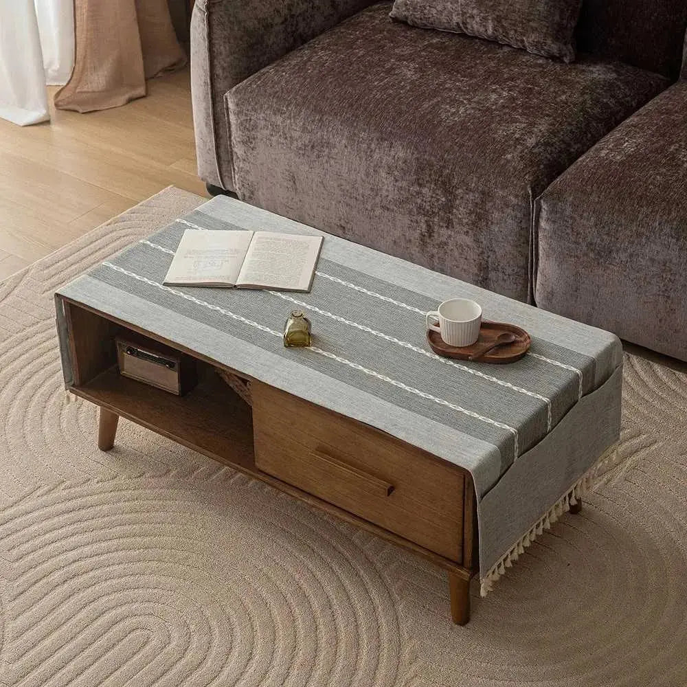 Tasseled Coffee Table Cloth with Storage Pockets for Rectangular Tables