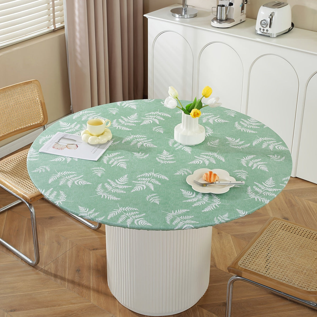 Elastic Fitted Round Vinyl Tablecloth Waterproof Table Cover for Dining Table Party Camping Use