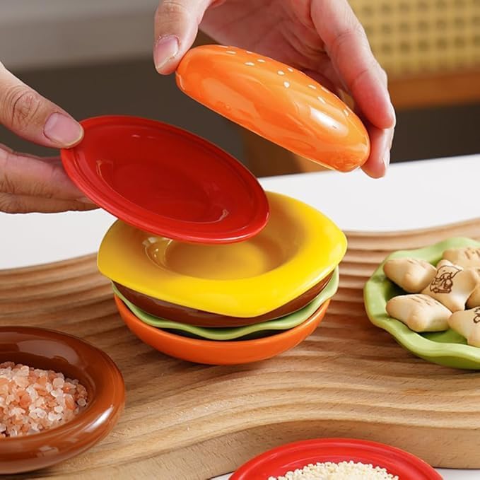 6-Pack Stackable Hamburger Plate Set with Multi Layer Ceramic Design for Dining and Table Decor