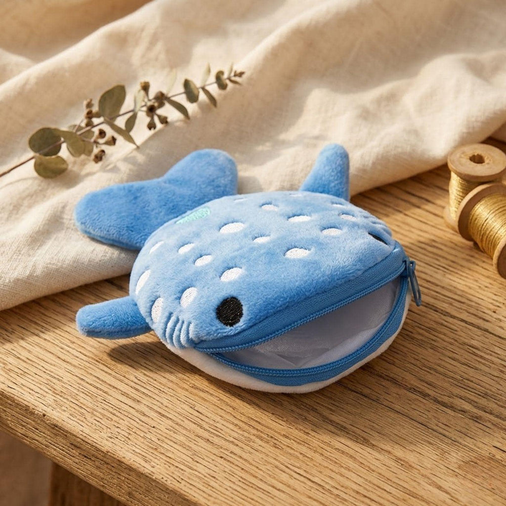 Cartoon Shark Plush Coin Purse with Keyring and Zippered Storage for Coins, Earphones and Small Accessories