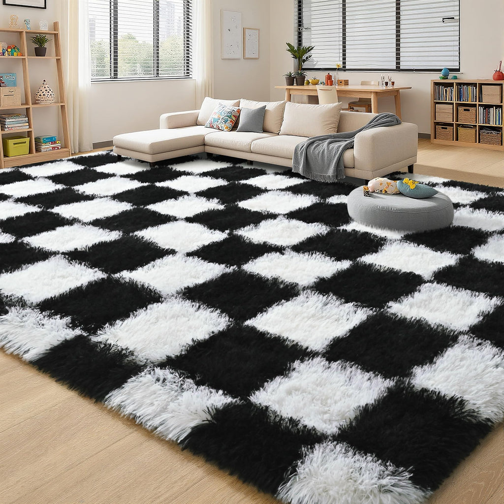 Nordic-Style Soft Plush Checkered Rug for Living Room, Bedroom, Bedside, or Sofa, Fluffy Polyester Carpet for Home Decoration