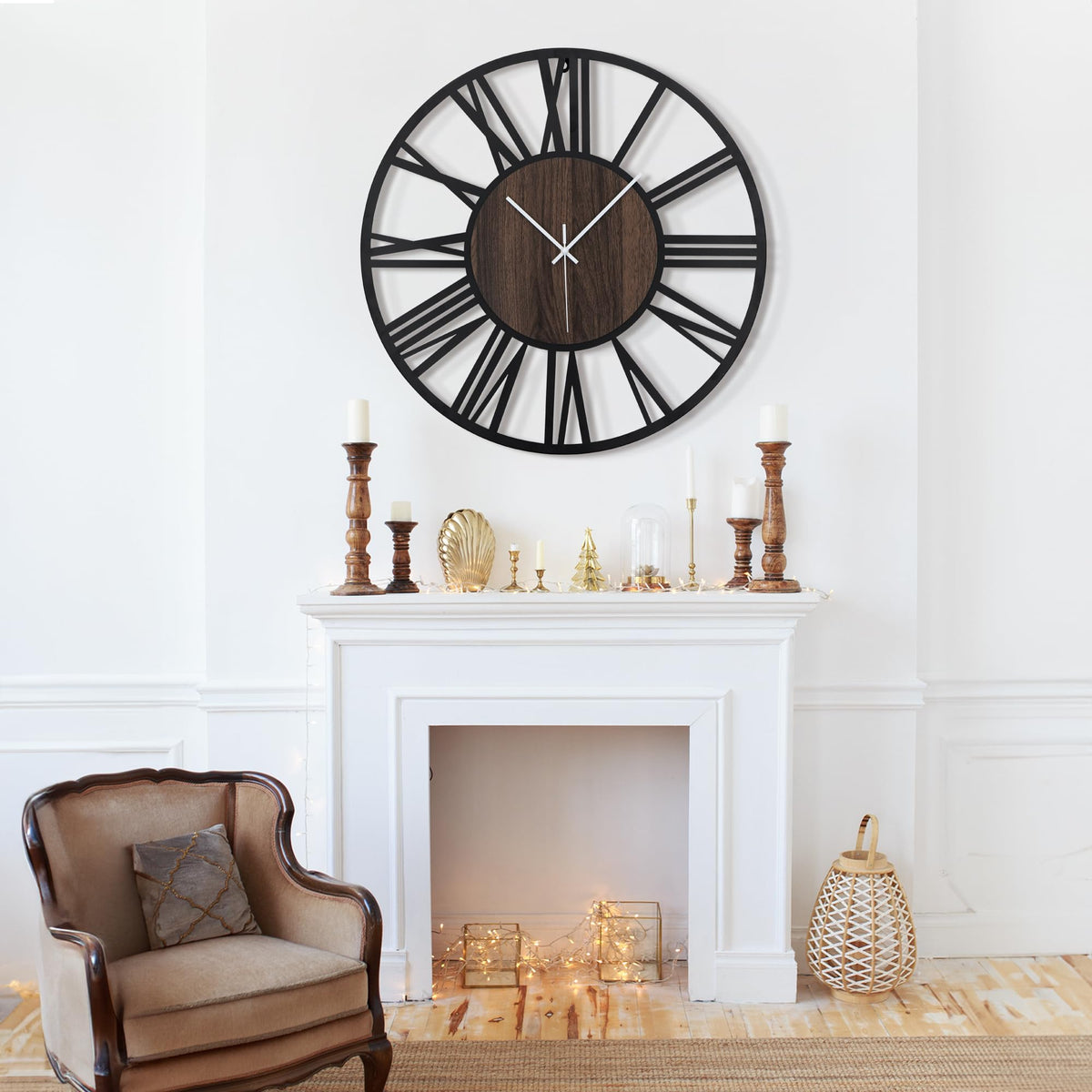 3D Roman Numeral Wall Clock with Silent Round Wood Metal Design for Living Room Decor