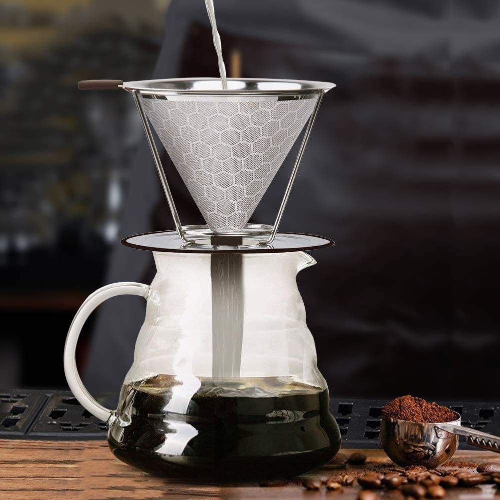 Stainless Steel Manual Coffee Brewer Reusable Double Layer Filter for Pour Over Brewing at Home Office or Travel (Filter Paper Not Included)