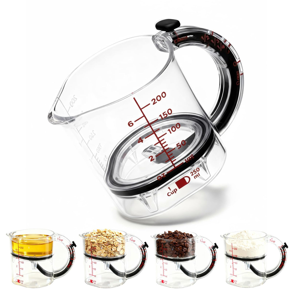 Adjustable Measuring Cup with Scraper Seal Base for Cooking and Baking Measurements