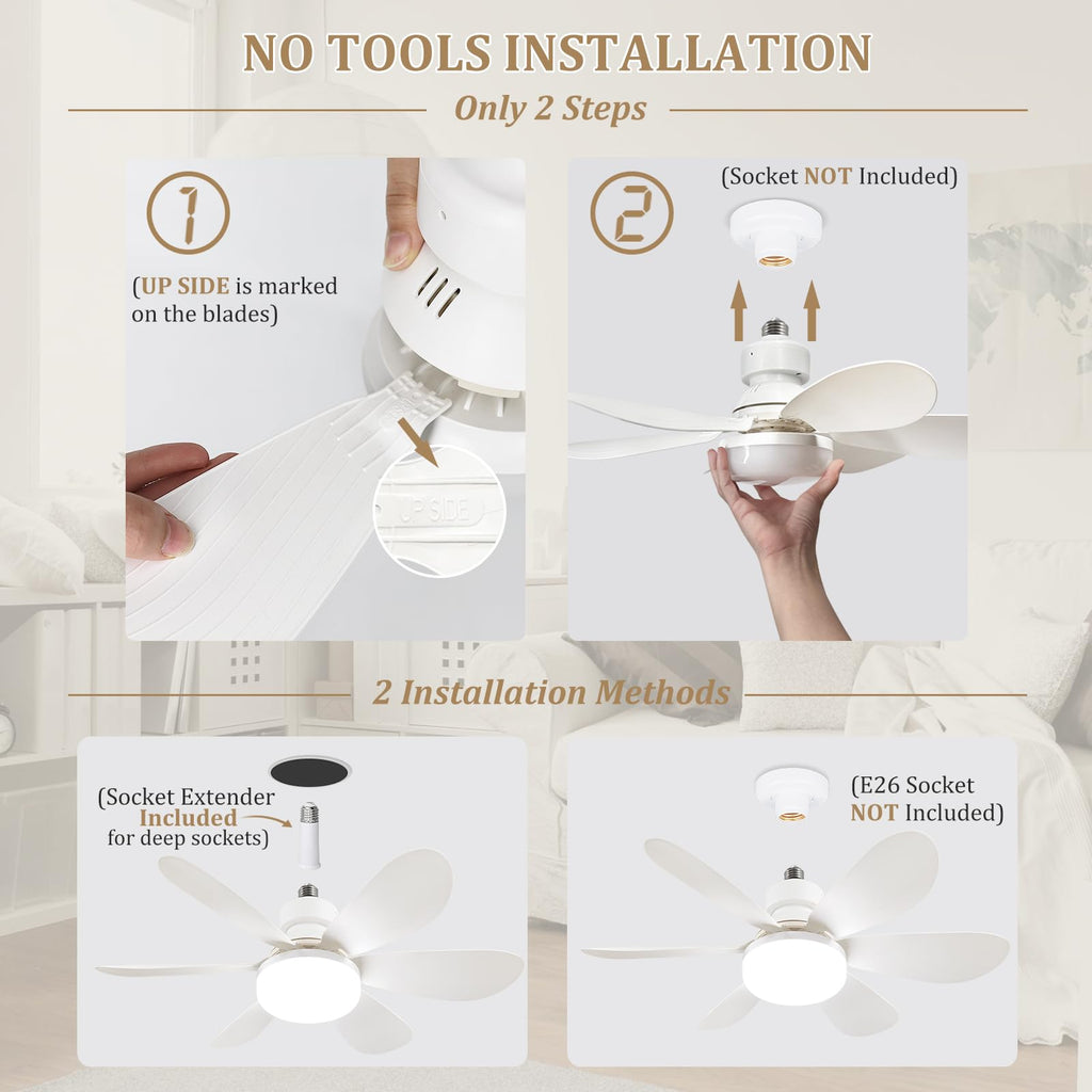 LED Ceiling Fan Light with Remote Control, Dimmable Lighting and E27 Socket Design for Small Rooms